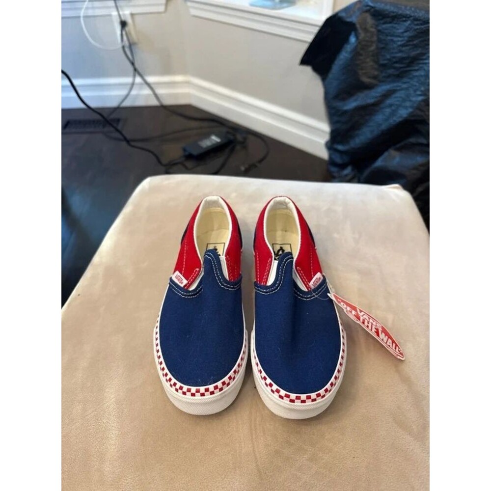 Boys red and blue checkered slip on vans